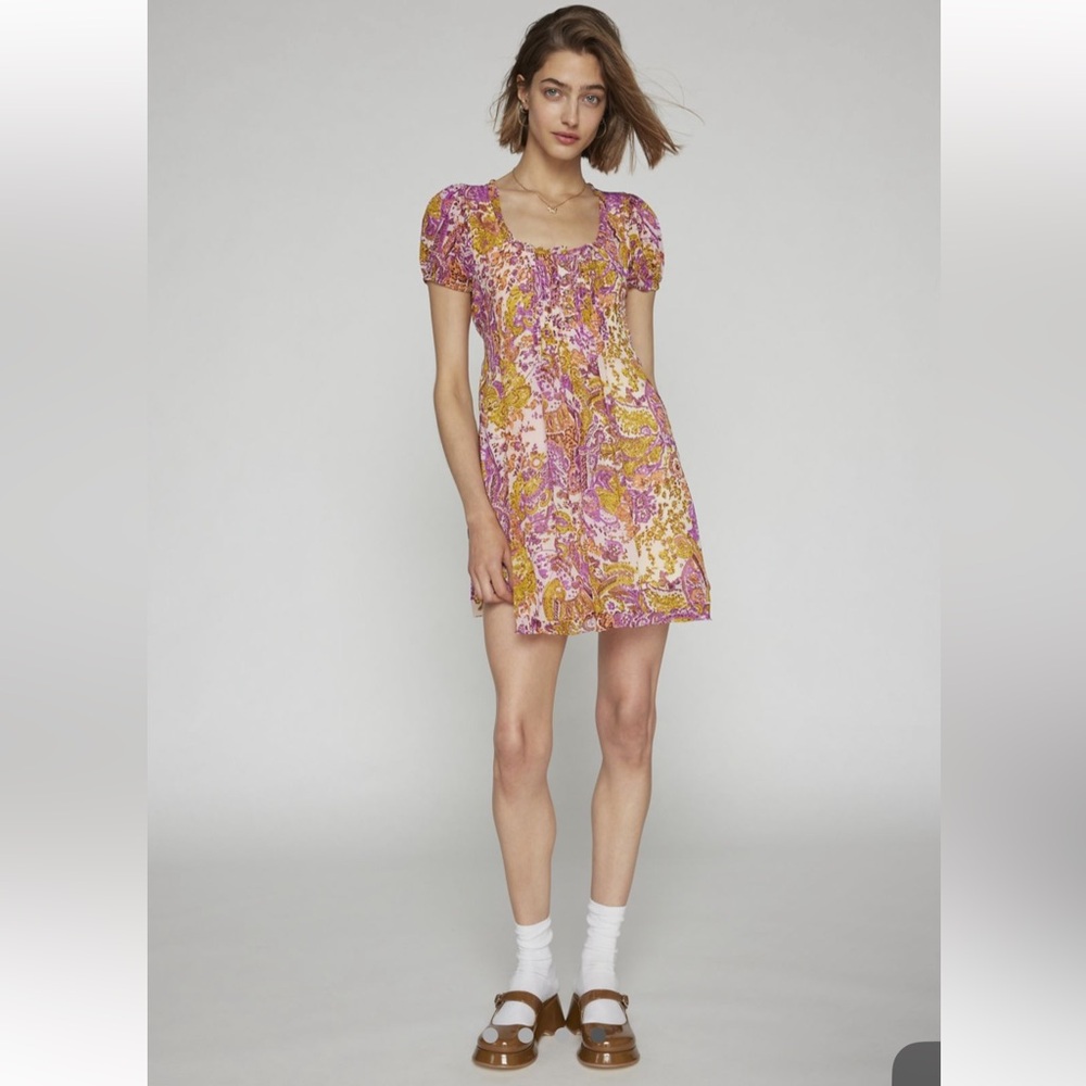 Kimchi Blue Phoebe Babydoll Mini Dress Pink Combo NWT